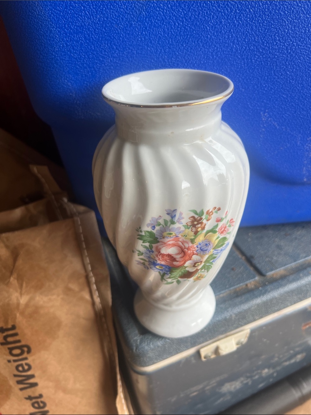 White Floral Porcelain Accent Vase with Gold Trim